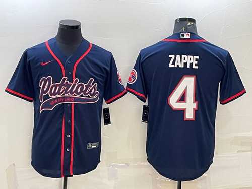 Men%27s New England Patriots #4 Bailey Zappe Navy With Path Cool Base Stitched Baseball Jersey